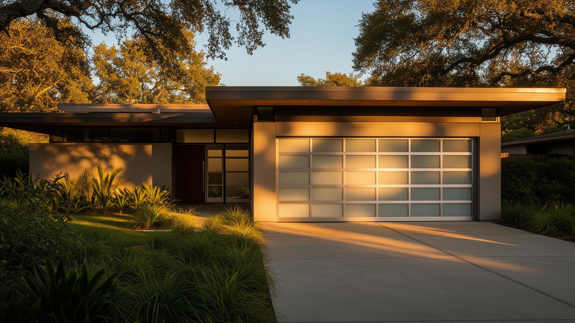 Modern steel garage door with frosted glass panels on luxury home in Wapato